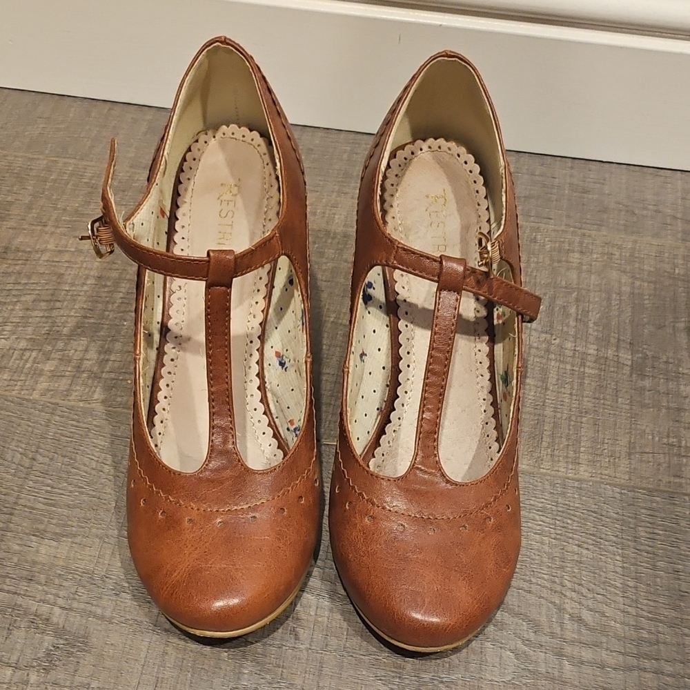 Restricted Brown T-Strap Heels with Chunky Heel